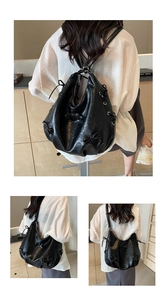 Detailed views of a black glossy pleated leather backpack with bow details and drawstrings