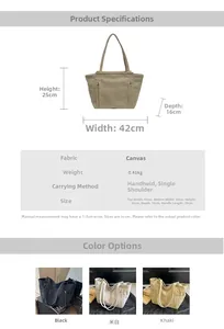 Detailed size chart for the large canvas tote bag showing dimensions and weight info