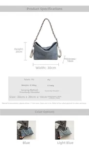 Detail view of blue PU leather shoulder bag with woven chain strap and dimensions