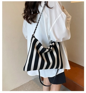 Detailed close-up of a striped canvas bag with metal chain strap worn by a model