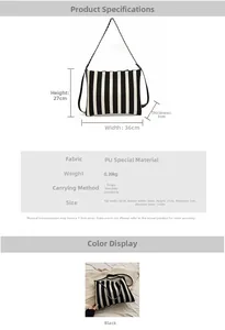 Size guide for striped PU shoulder bag showing dimensions and chain strap details