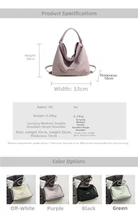 Detailed size chart and specs for versatile PU leather tote bag in four colors