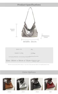 Detailed size chart for large silver PU tote bag showing dimensions 36x30x15cm and weight