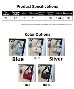 Detailed size chart and dimensions of the PU leather rectangular handbag with five colors