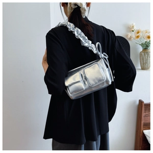 Silver metallic PU shoulder bag with dual utility pockets and trendy gathered strap detail