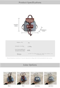 Detailed size chart for the PU denim fashion backpack showing dimensions and parameters
