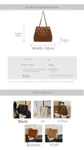 Detailed size chart and multi-color options for the large quilted faux leather tote bag