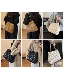 Collage of quilted chain tote bags in brown, white, and black shown on a model