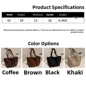 Detailed size chart for retro PU leather tote bag with rivet details and 42cm width