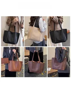 Multiple views of large capacity rivet tote bags styled with various outfits and colors
