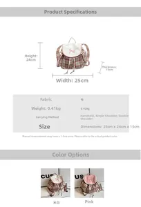 Size specifications for a plaid canvas backpack with bow detail and multiple carry ways