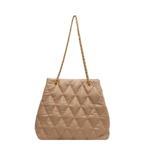 Elegant beige quilted tote bag with golden chain straps and luxury diamond pattern