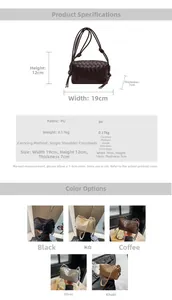 Detail of woven PU leather crossbody bag showing dimensions and five color options