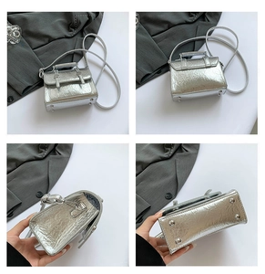 Detail shots of a silver metallic crackle texture mini messenger bag with bottom metal studs