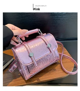 Detail of light purple metallic cracked texture mini crossbody bag with metal buckles