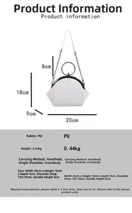 Detail view of white shell bag with dimensions 20x18x9cm and adjustable chain strap