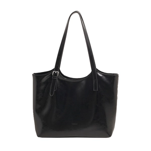 Front view of a minimalist black glossy patent leather tote bag with subtle logo