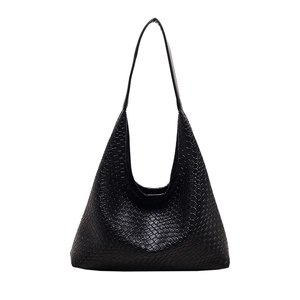 Classic black woven leather tote bag with large capacity and hobo shoulder bag style
