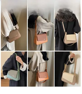 Collage de six sacs bandoulière en cuir en kaki et gris portés par des modèles