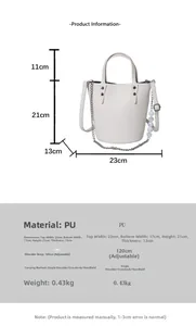 Detailed dimensions and specifications for the beige chain bucket bag with adjustable strap