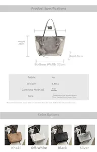 Detailed size chart and dimension specs for the woven PU leather tote bag with measurements