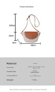 Size chart showing dimensions of the woven crossbody bag with 28cm width and adjustable strap