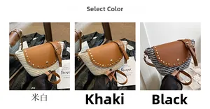 Detailed close-up of woven crossbody bags with leather flap and metal studs in three colors