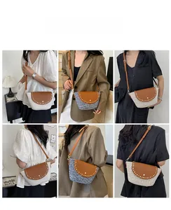 Crossbody saddle bag with woven texture and gold rivets shown on models from multiple angles