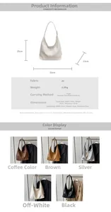 Detailed view of large Hobo tote bag 33x25x13cm in five colors with dimensions and weight