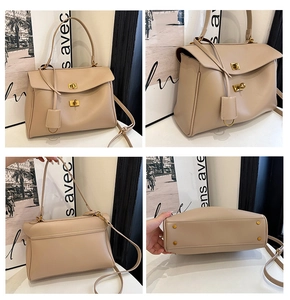Detailed views of beige leather tote bag with gold swivel lock and adjustable shoulder strap