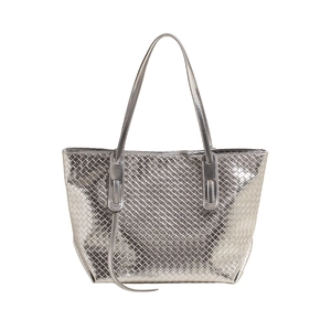 Silver metallic woven tote bag with large capacity and dual handles for daily commute