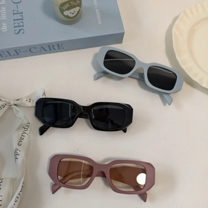 Retro rectangle sunglasses in blue, black, and pink with matte finish and wide temples