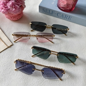Fashion rimless rectangle sunglasses with metal temples and gradient lenses for men and women