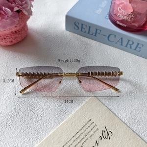 Frameless narrow gradient sunglasses with gold geometric metal temples for women and men
