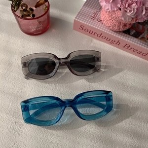 Détail de lunettes de soleil en résine gris fumé et bleu avec montures géométriques
