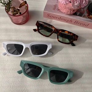 Vue à plat de lunettes de soleil rectangulaires rétro en écaille, blanc et vert menthe