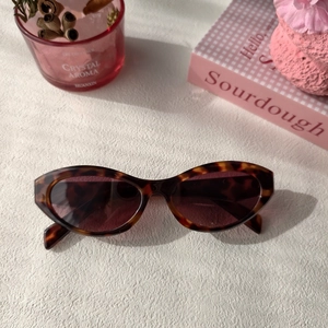 Close-up of retro cat-eye sunglasses with tortoiseshell frames and dark reddish lenses