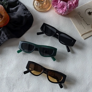 Three retro rectangle sunglasses in black, dark green and tea yellow lenses with thick temples