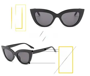 Detail view of black cat eye sunglasses featuring thick frames and dark grey lenses