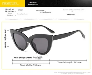 Detailed size chart for black cat eye sunglasses showing frame dimensions and model Z3293