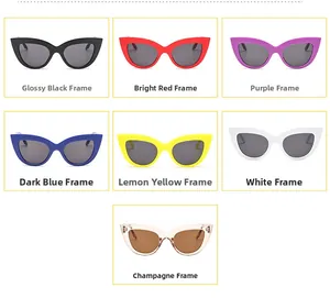 Grid display of stylish cat eye sunglasses in seven colors including black and red