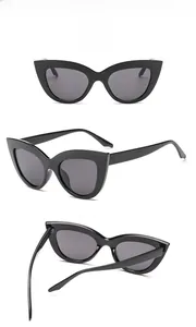 Detailed multi-angle views of black cat-eye sunglasses with gray UV-protective lenses