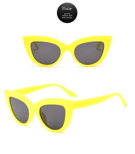 Front and side views of lemon yellow cat-eye sunglasses with grey lenses