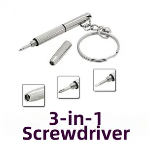 Detail view of 3-in-1 glasses screwdriver showing cross, flat, and hex repair heads