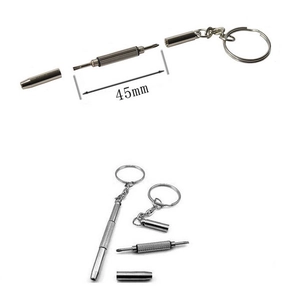 Detailed view of portable 3-in-1 screwdriver keychain with 45mm size dimension markings
