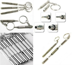Three-way keychain screwdriver set with flathead, Phillips, and hex socket tools