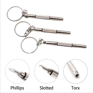Portable 3-in-1 mini screwdriver keychain with Phillips, Slotted, and Torx head bits