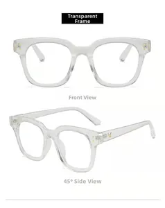 Vues détaillées de face et de côté de lunettes transparentes avec logo V doré