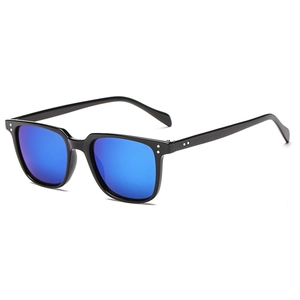 Classic square black sunglasses with bright blue mirrored lenses and silver rivets detail