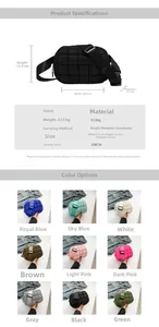 Detailed size specifications and color options for the quilted fabric crossbody shoulder bag